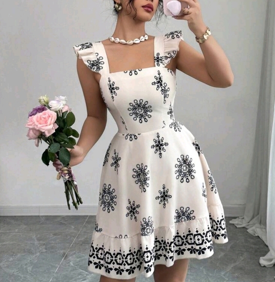 Women's Tie Back Waist Ruched Design Printed Mini Sleeve Holiday Casual Dress - Picture 1 of 4